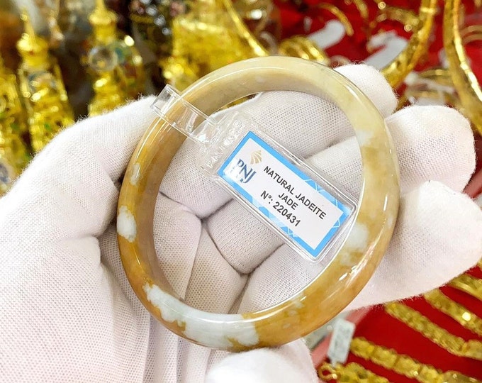 Translucent Natural Brownish Orange Yellow, White Jadeite Jade Vintage Bangle Bracelet 58.7MM