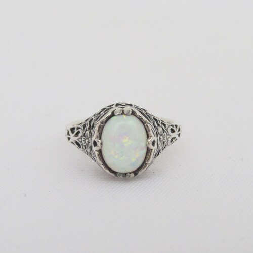 ANTIQUE FILIGREE STYLE 925 STERLING SILVER WHITE LAB OPAL RING SIZE 7 #924 