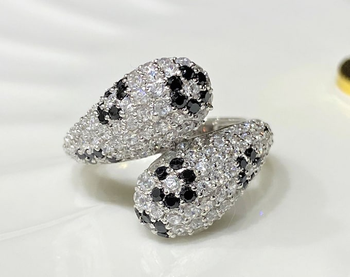 Vintage Sterling Silver White & Black Sapphire Snake Ring Size 6,8