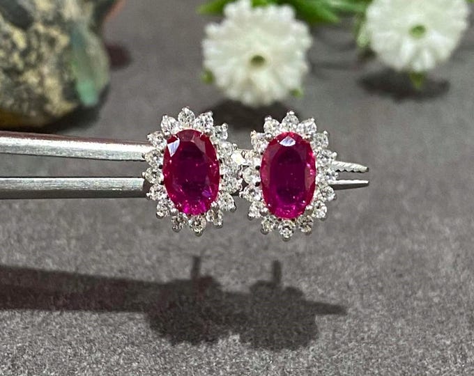 Vintage Sterling Silver Oval cut Ruby & White Topaz Earrings.