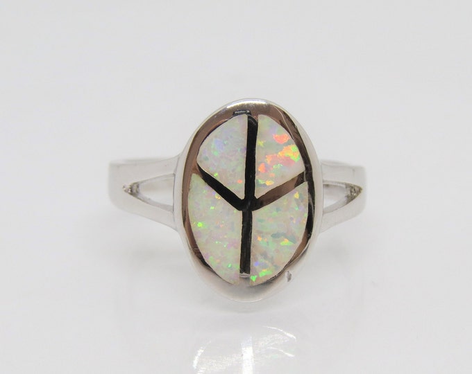 Vintage Sterling Silver White Opal Peace Sign Ring Size 8