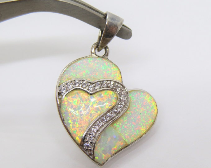 Vintage Sterling Silver White Opal & White Topaz Heart Pendant