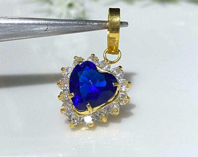 Vintage 18K Solid Gold Blue Sapphire & White Topaz Heart Pendant.