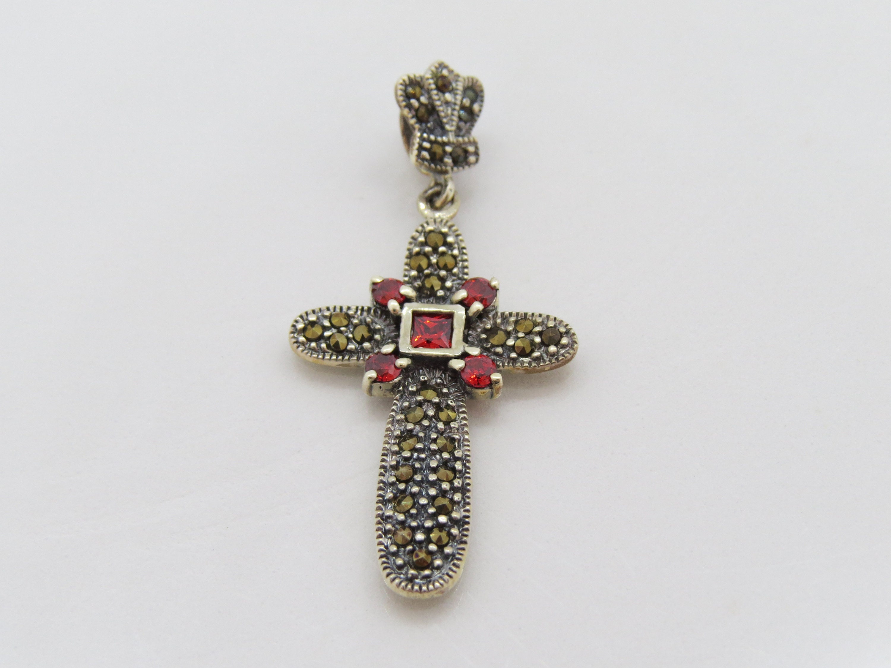 Vintage Sterling Silver Garnet & Marcasite Cross Pendant - Etsy