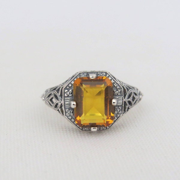 Vintage Sterling Silver Natural Citrine Filigree Ring Size 6