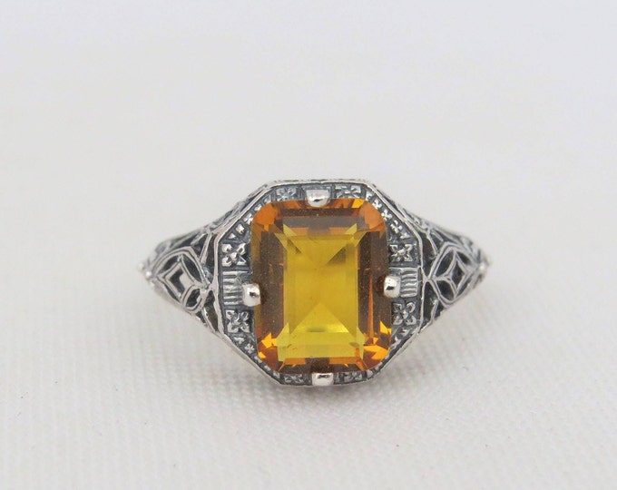 Vintage Sterling Silver Natural Citrine Filigree Ring Size 6