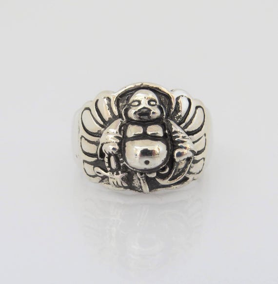 Vintage Sterling Silver Happy Buddha Unisex Band Ring Size 9