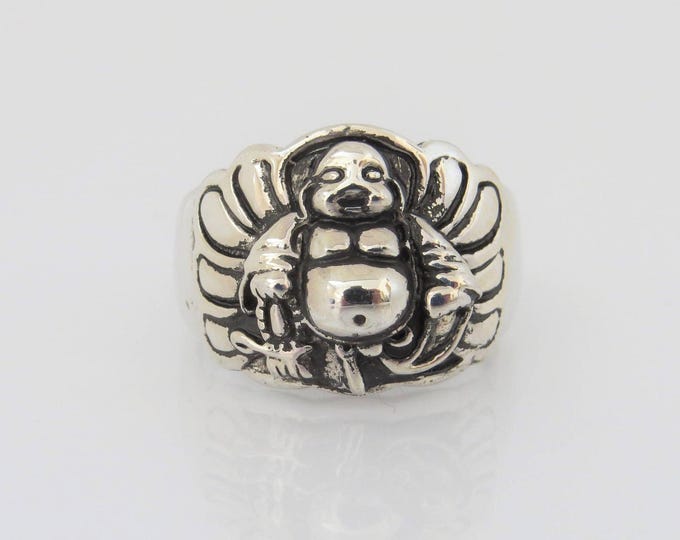 Vintage Sterling Silver Happy Buddha Unisex Band Ring Size 9