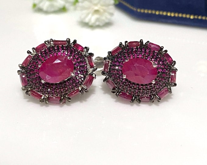 Vintage Sterling Silver Natural Oval cut Ruby Earrings.