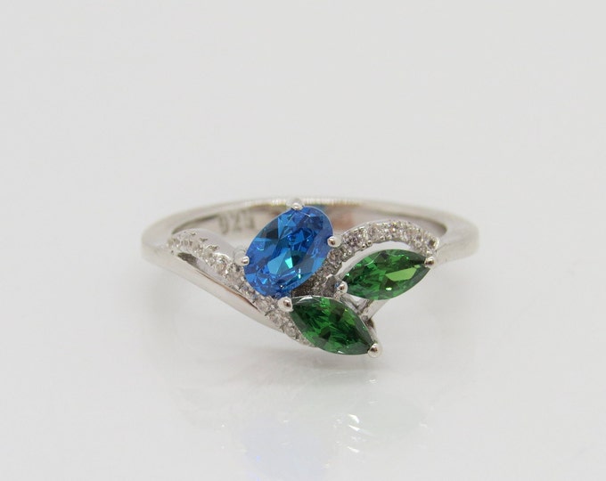 Vintage Sterling Silver Blue Topaz, Emerald & White Topaz Ring Size 10