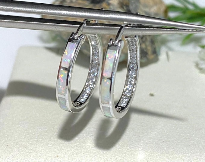 Vintage Sterling Silver White Opal, White Topaz Hoop Earrings 20MM