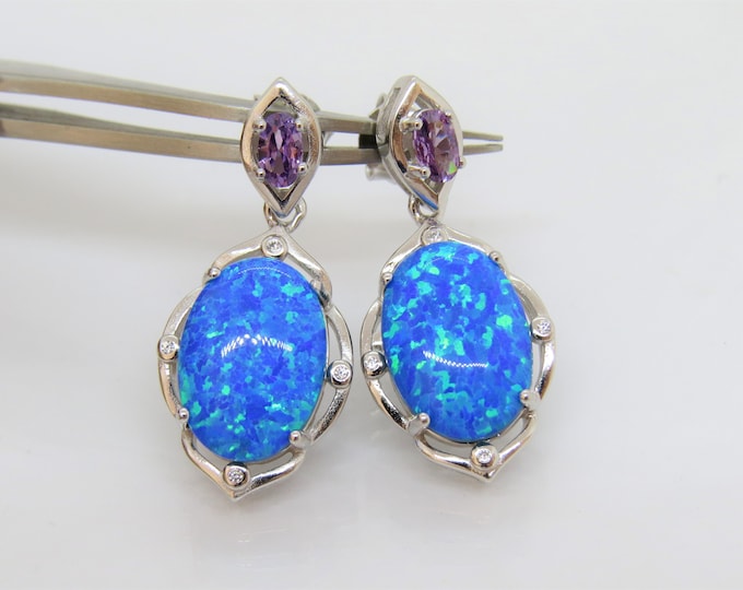 Vintage Sterling Silver Blue Opal & Amethyst Earrings