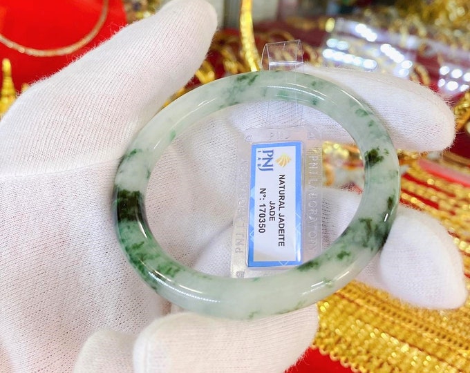 Translucent Natural Green & Black Jadeite Jade Vintage Bangle Bracelet 58.8MM