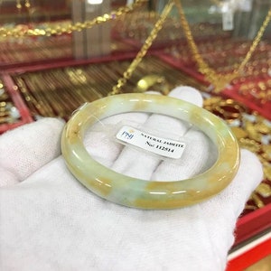 Translucent Natural Honey, Green White Jadeite Jade Vintage Bangle Bracelet 55.9MM