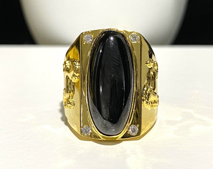 Vintage 15K Gold Black Onyx & White Topaz Horse Men's Ring Size 9.