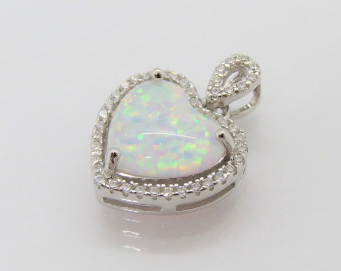 Vintage Sterling Silver White Opal & White Topaz Heart Pendant