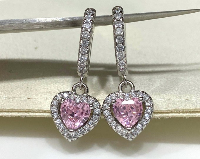 Vintage Sterling Silver Pink Sapphire & White Topaz Heart Hoop Earrings.