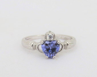 Vintage Claddagh Sterling Silver Tanzanite & White Topaz Ring Size 8