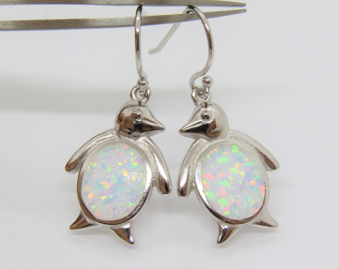 Vintage Sterling Silver White Opal Penguin Dangle Earrings