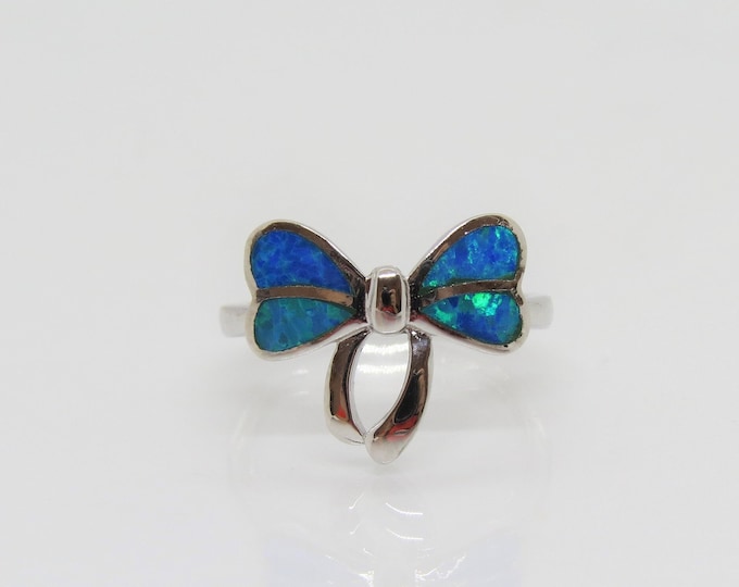 Vintage Sterling Silver Blue Opal Bow Ring Size 7