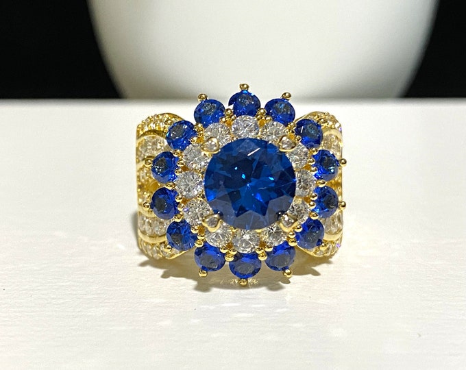 Vintage 15K 610 Solid Gold Blue Sapphire & White Topaz Ring Size 8