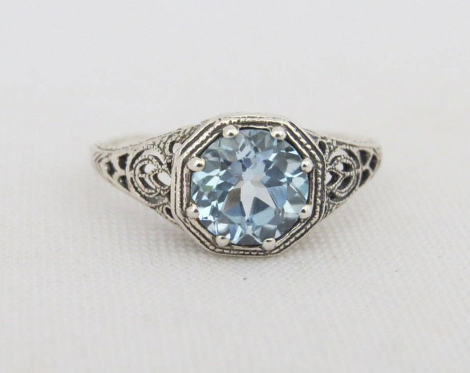 Vintage Sterling Silver Round Aquamarine Filigree Ring Size 6