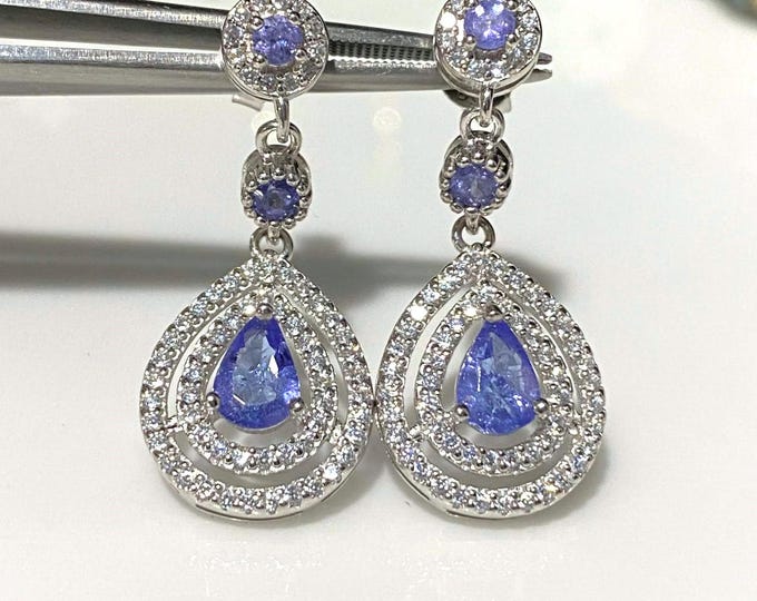 Vintage Sterling Silver Natural Tanzanite & White Topaz Dangle Earrings.