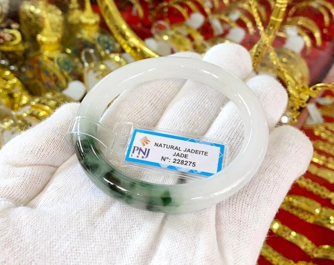 Vintage Translucent Natural Green, White Jadeite Jade Bangle Bracelet 55.7MM