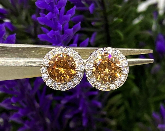 Vintage Sterling Silver Morganite & White Topaz Halo Earrings.