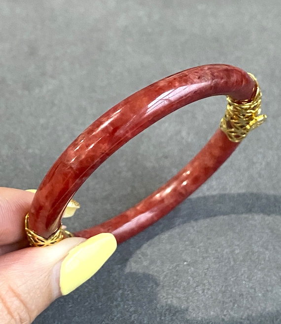 Vintage 18K Solid Gold Translucent Red Jadeite Ja… - image 4