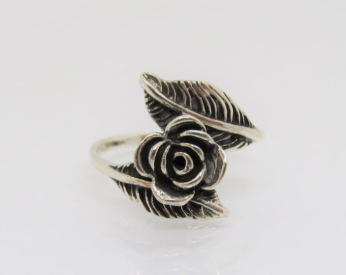 Vintage Sterling Silver Rose Flower Leaf Ring Size 8