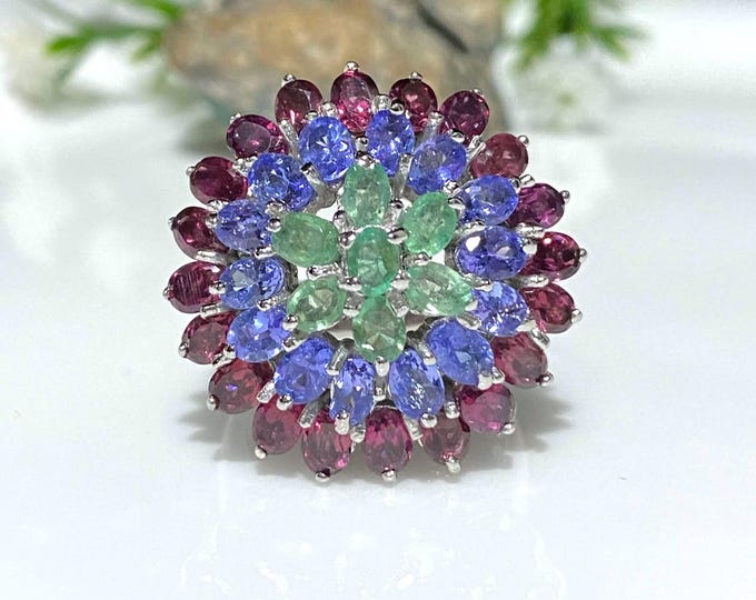 Vintage Sterling Silver Natural Emerald, Rhodolite & Tanzanite Cluster Flower Ring Size 8