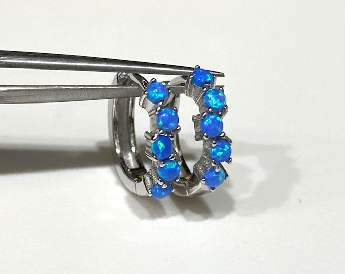 Sterling Silver Blue Opal Hoop Earrings 11.4MM