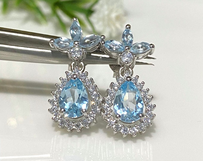 Vintage Sterling Silver Natural Aquamarine Dangle Drop Earrings.