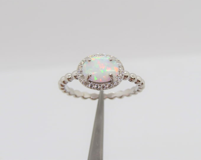 Vintage Sterling Silver Oval White Opal & White Topaz Halo Ring Size 7