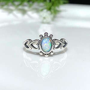 Sterling Silver White Opal Hearts Ring Size 7