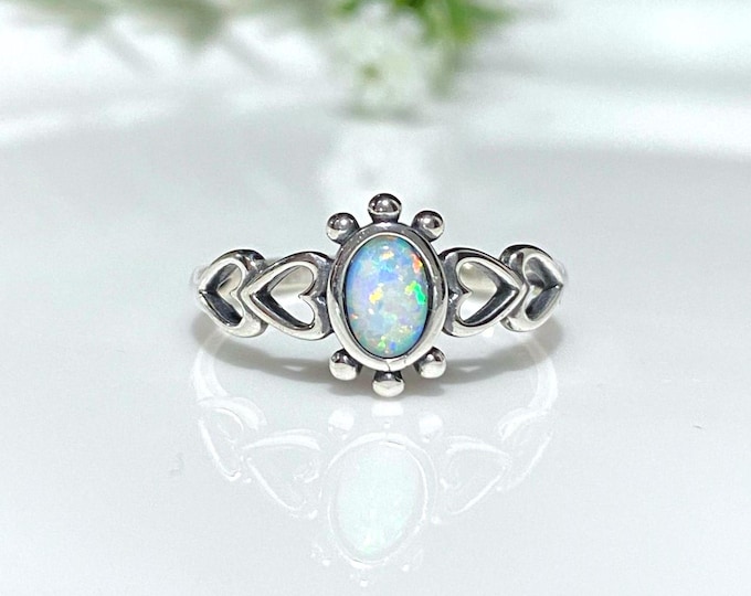 Sterling Silver White Opal Hearts Ring Size 7