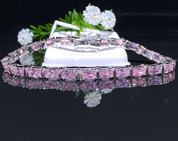 Vintage Sterling Silver Oval cut Pink Sapphire Link Bracelet 7 1/2''