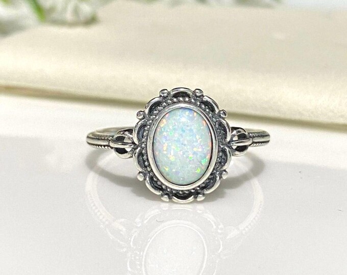 Vintage Sterling Silver White Opal Ring .