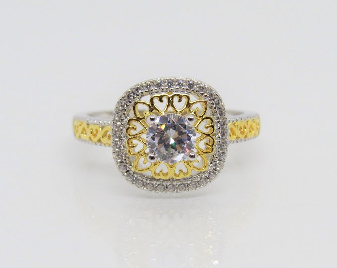 Sterling Silver Two Tone White Topaz Halo Ring Size 7