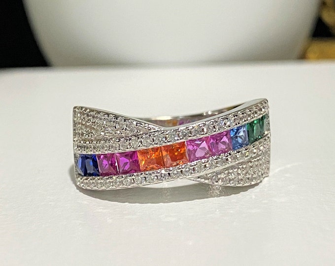 Vintage Sterling Silver Multi Color Gemstones & White Topaz Ring Size 8.