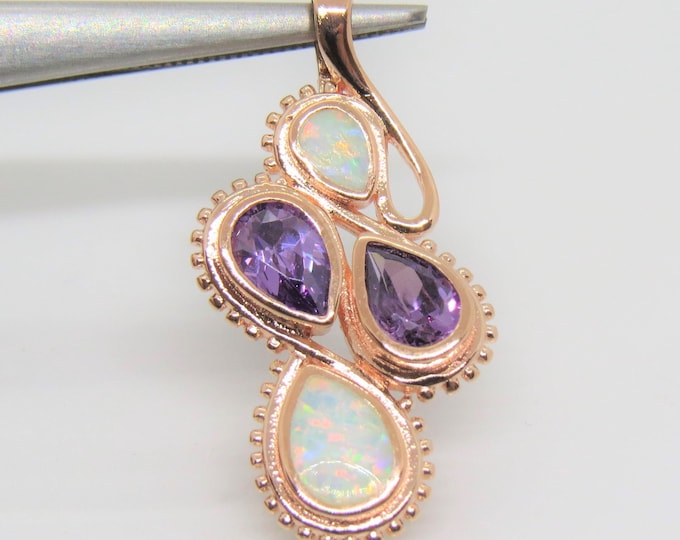 Vintage 14K Rose Gold Plate on Sterling Silver Fire Opal & Amethyst Pendant