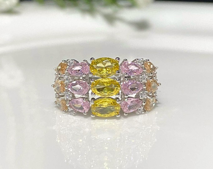 Vintage Sterling Silver Yellow, Pink, White Sapphire & Morganite Ring Size 8.5