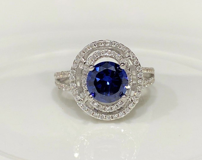 Vintage Sterling Silver Tanzanite & White Topaz Halo Ring Size 5