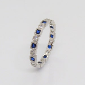 Vintage Sterling Silver Blue Sapphire & White Topaz Eternity Band Ring Size 8