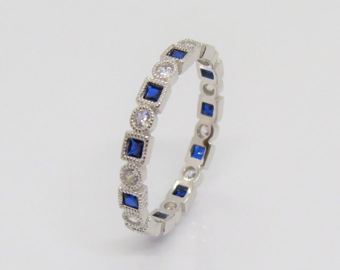 Vintage Sterling Silver Blue Sapphire & White Topaz Eternity Band Ring Size 8