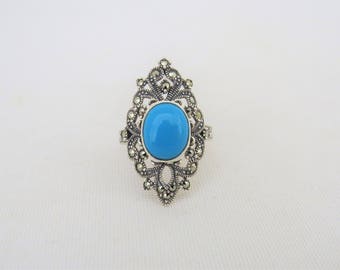 Vintage Sterling Silver Turquoise & Marcasite Ring Size 7