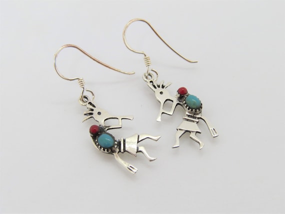Vintage Sterling Silver Turquoise, Coral Kokopell… - image 4