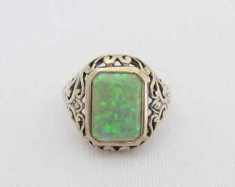 vintage Sterling Silver Green Opal & Seed Pearl Filigrane Ring Taille 7