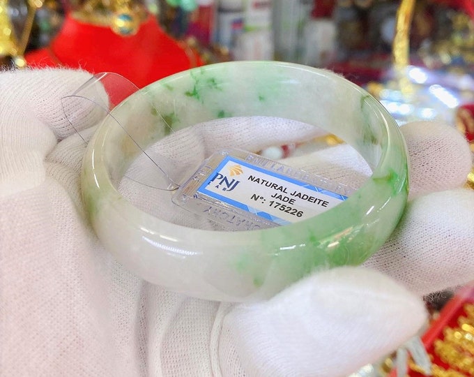 Translucent Natural Green, White & Brown Jadeite Jade Vintage Bangle Bracelet 59.1MM